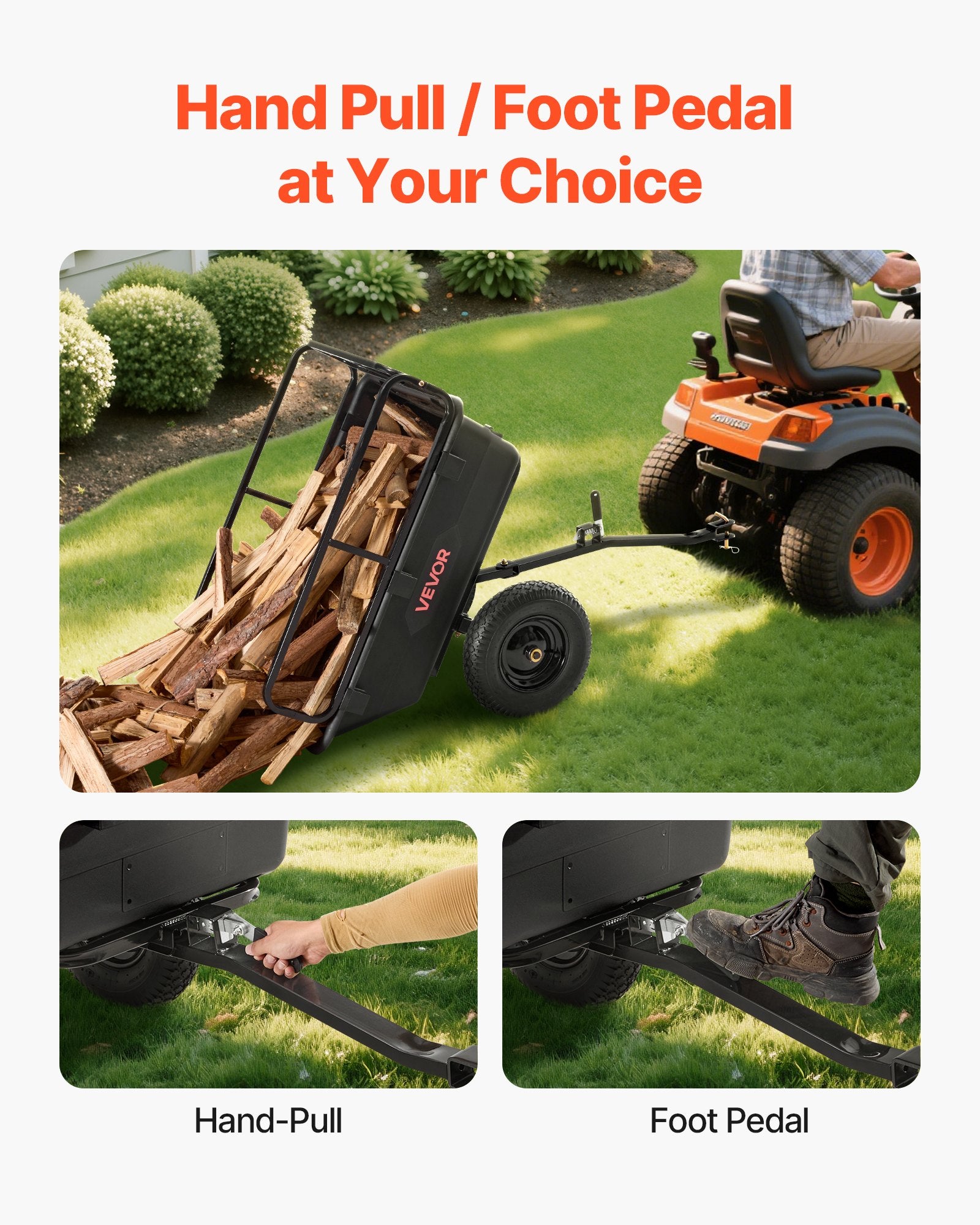 500 lb Garden Trailer for Lawn Mower – Universal 12mm Hitch, Heavy-Duty PP Dump Cart, 10 Cu Ft Capacity