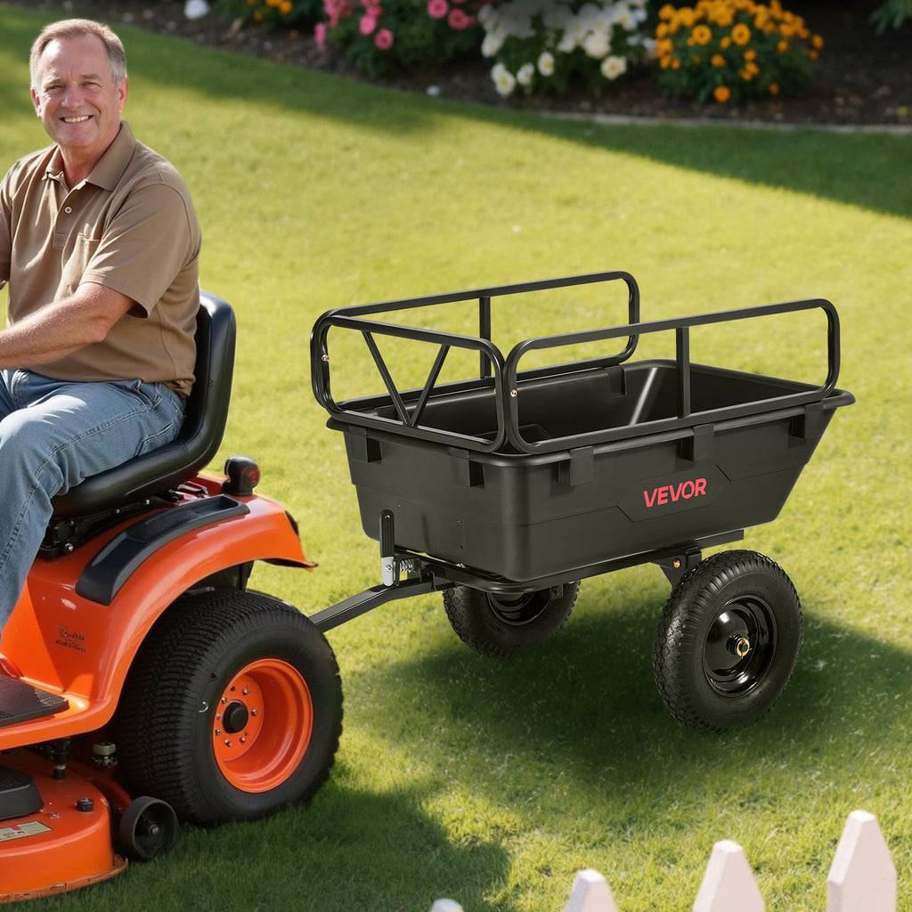 500 lb Garden Trailer for Lawn Mower – Universal 12mm Hitch, Heavy-Duty PP Dump Cart, 10 Cu Ft Capacity