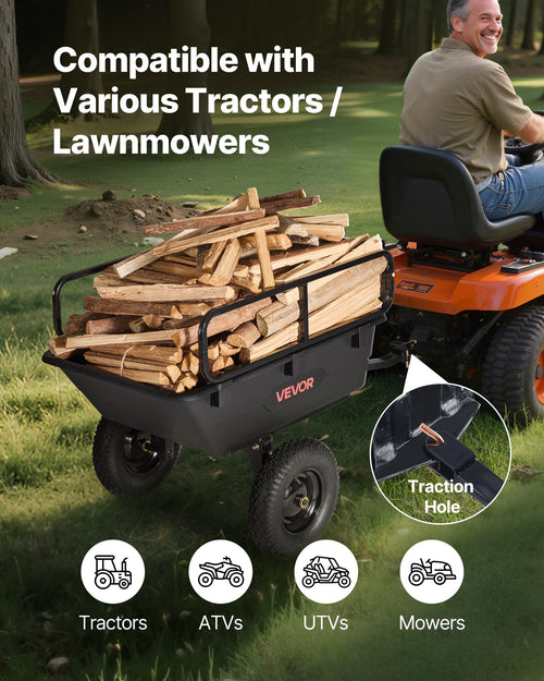 500 lb Garden Trailer for Lawn Mower – Universal 12mm Hitch, Heavy-Duty PP Dump Cart, 10 Cu Ft Capacity