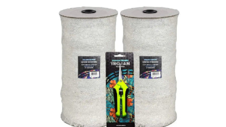 Two rolls of trellis netting with Trojan scissors packaging on a white background, featuring Common Culture and Growershouse branding.