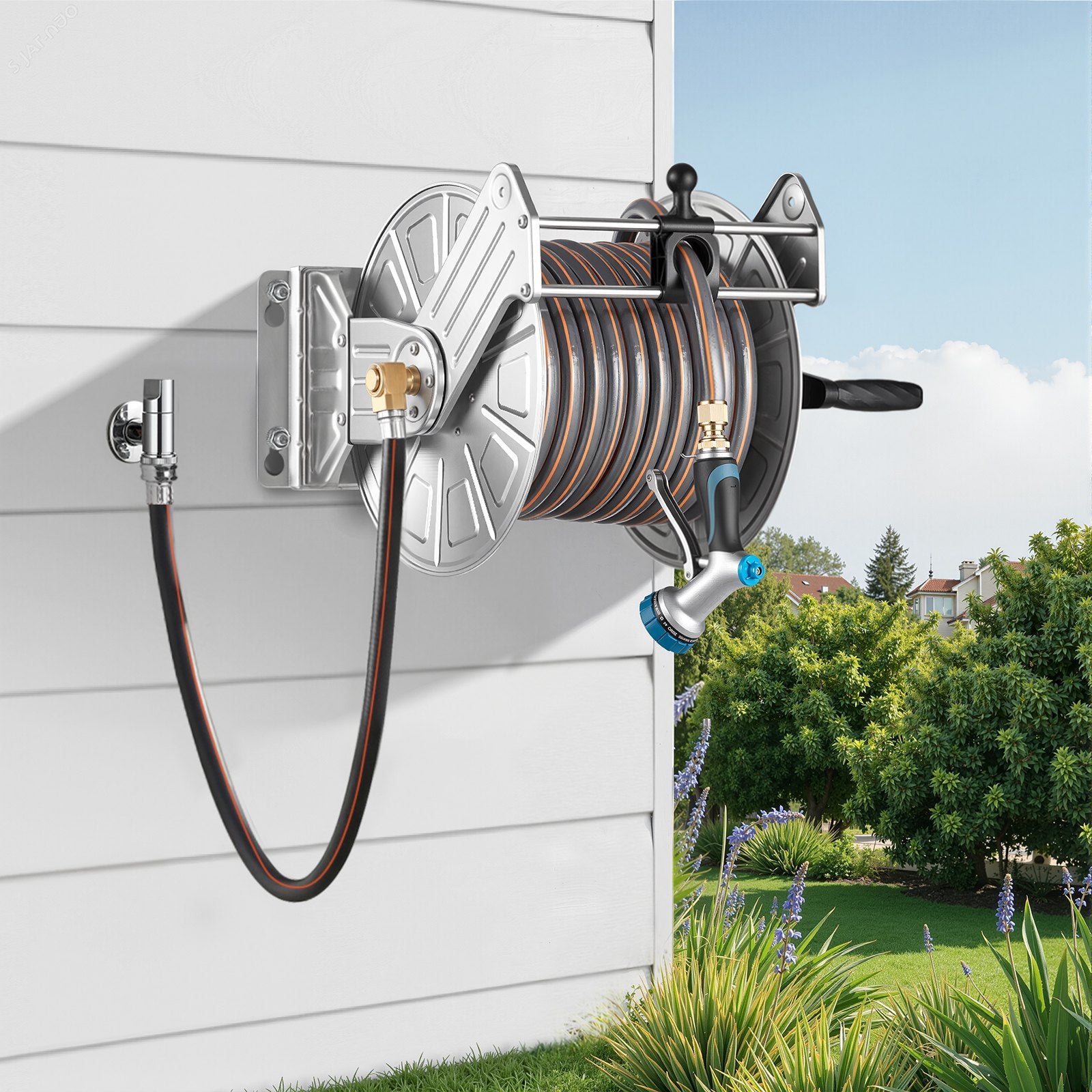 Wall Mounted Garden Hose Reel 150ft Hose Winder Brass Fitting Hose Guide